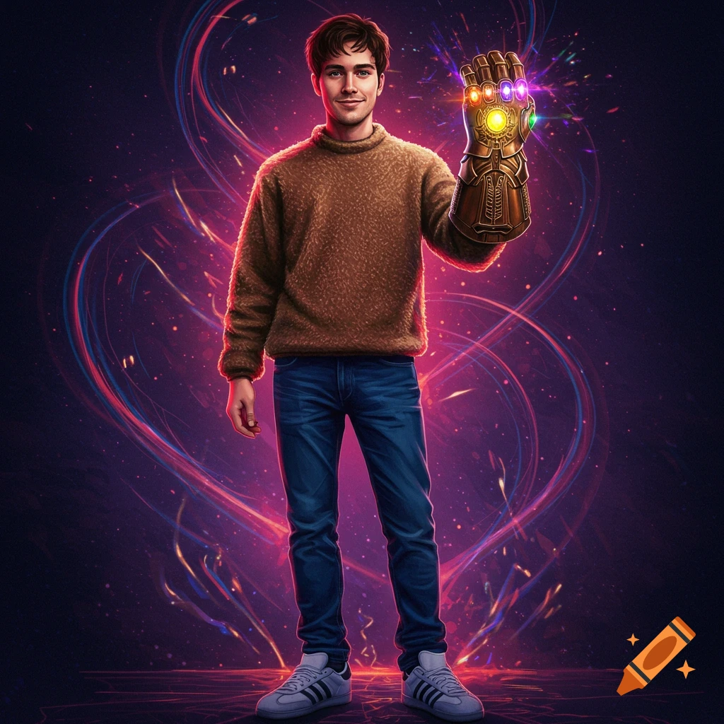 A young man with short brown hair, wearing a brown fleece sweater and blue jeans, holds a glowing Infinity Gauntlet in a cosmic purple and pink background.