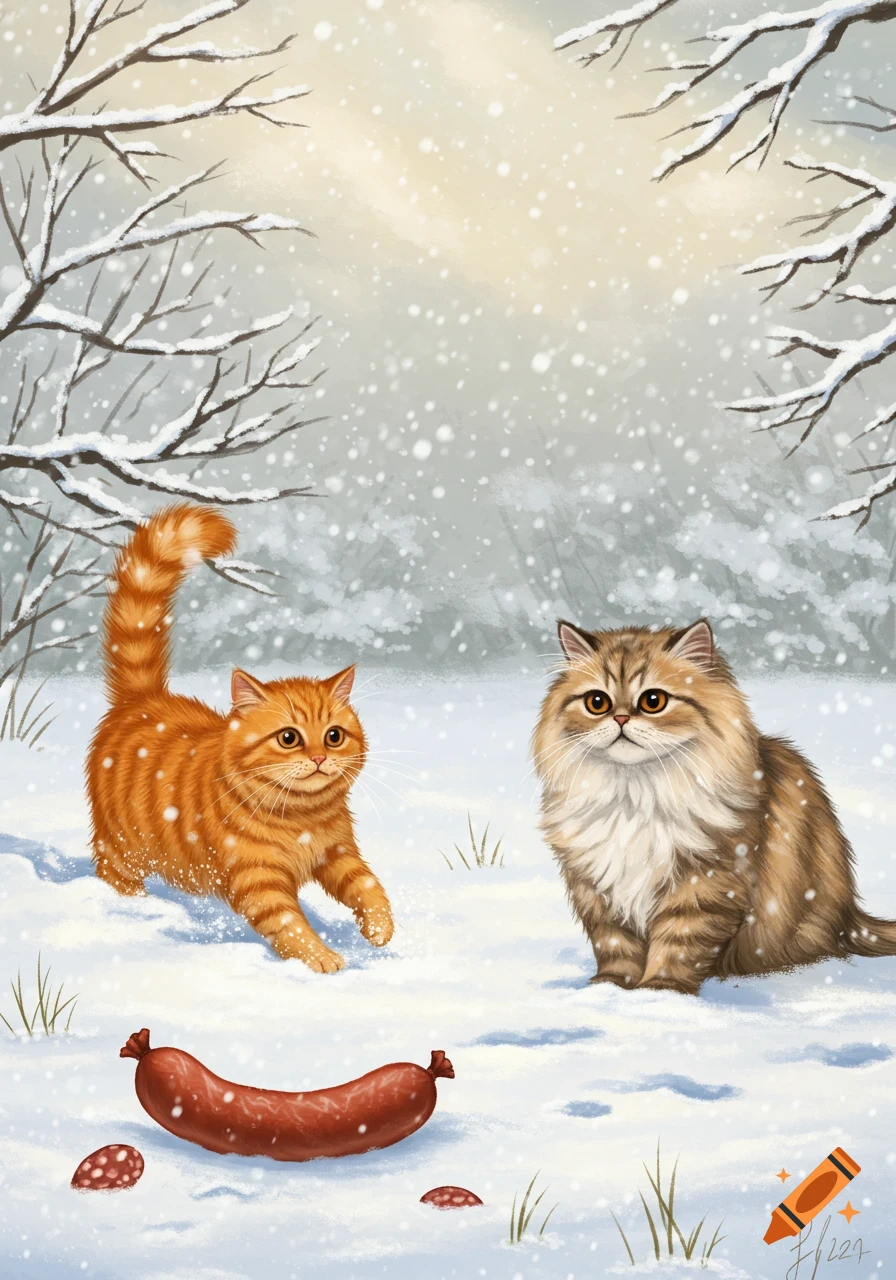 A ginger cat and a fluffy brown cat stand in falling snow, looking at a sausage on the ground, illustrated style.