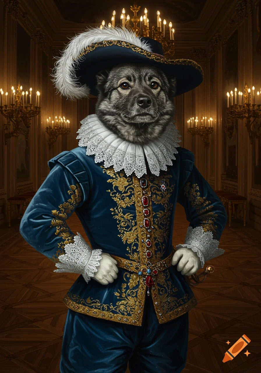 A fluffy grey dog in a blue 17th-century noble suit with white ruffles and a feathered hat, stands in a grand chandelier-lit hall.