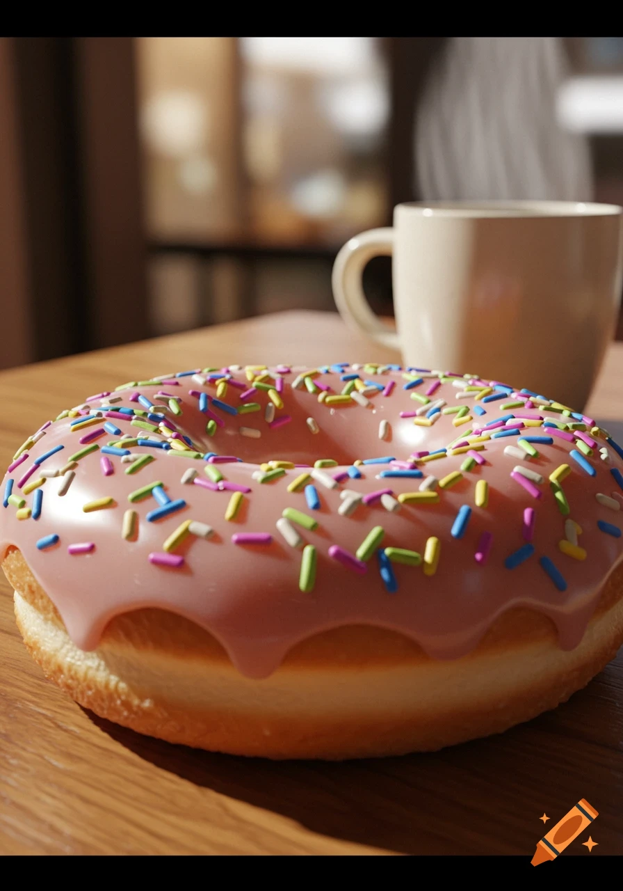 A close-up, perspective shot of a pink-iced donut with colorful sprinkles on a wooden table, with a steaming coffee mug blurred in the background.