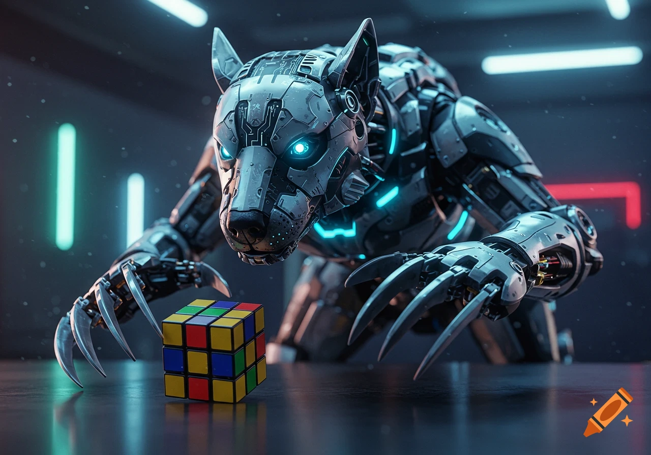 A highly detailed robotic wolverine with glowing blue eyes leans over a Rubik's cube on a dark, reflective surface in a futuristic, neon-lit room.