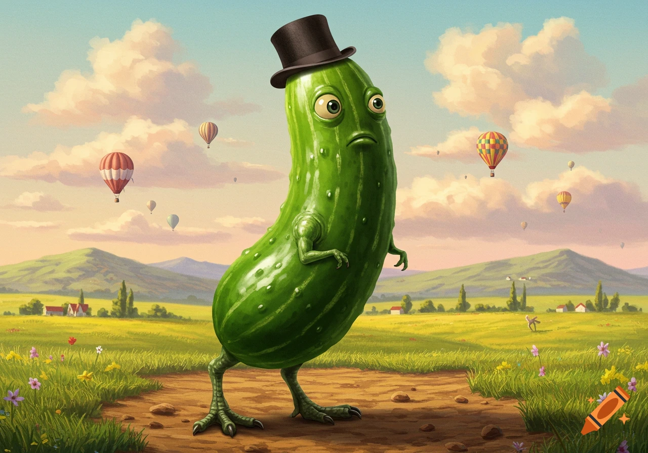 A whimsical, anthropomorphic cucumber wearing a top hat with T-Rex arms and ostrich legs stands in a grassy field under a sky with hot air balloons.