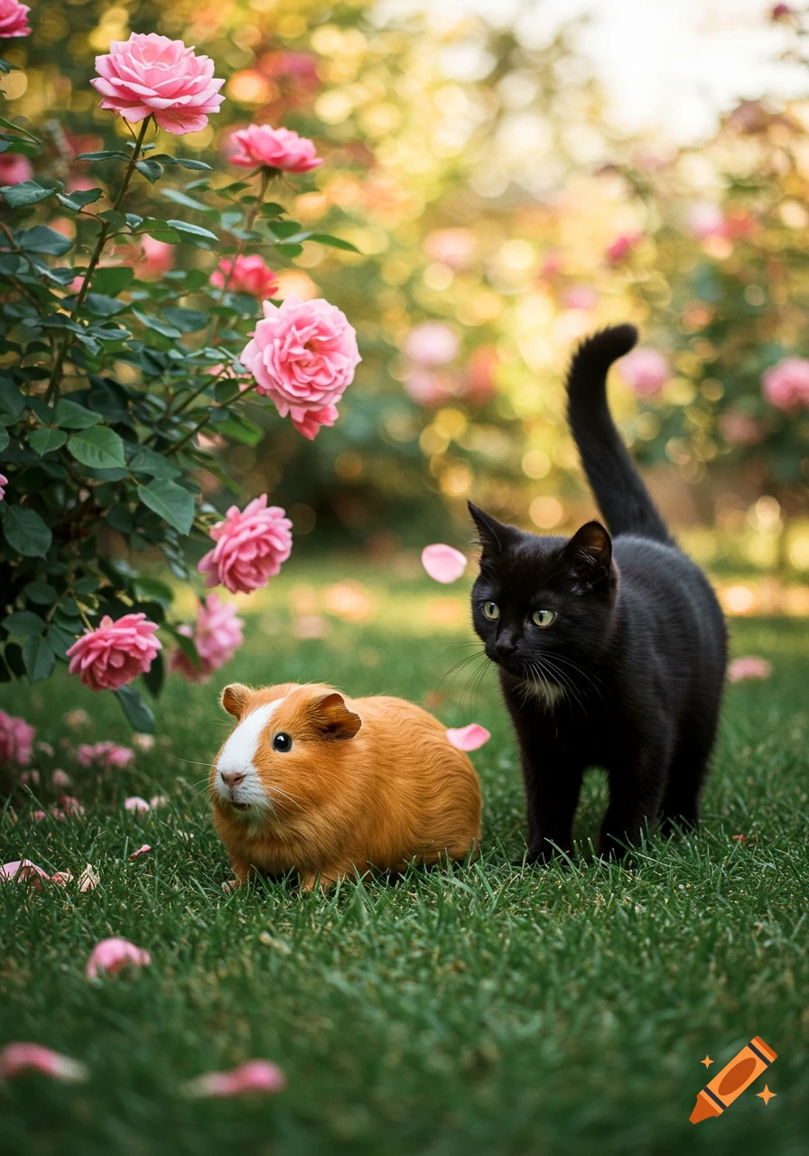 A brown and white guinea pig and a black cat stand in green grass near pink roses in a sunny garden.