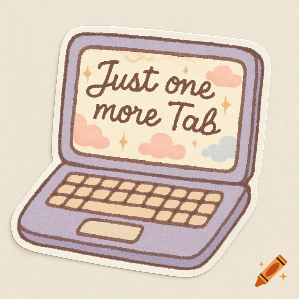 A kawaii lavender laptop sticker with beige buttons and "Just one more Tab" on its screen with clouds and stars.