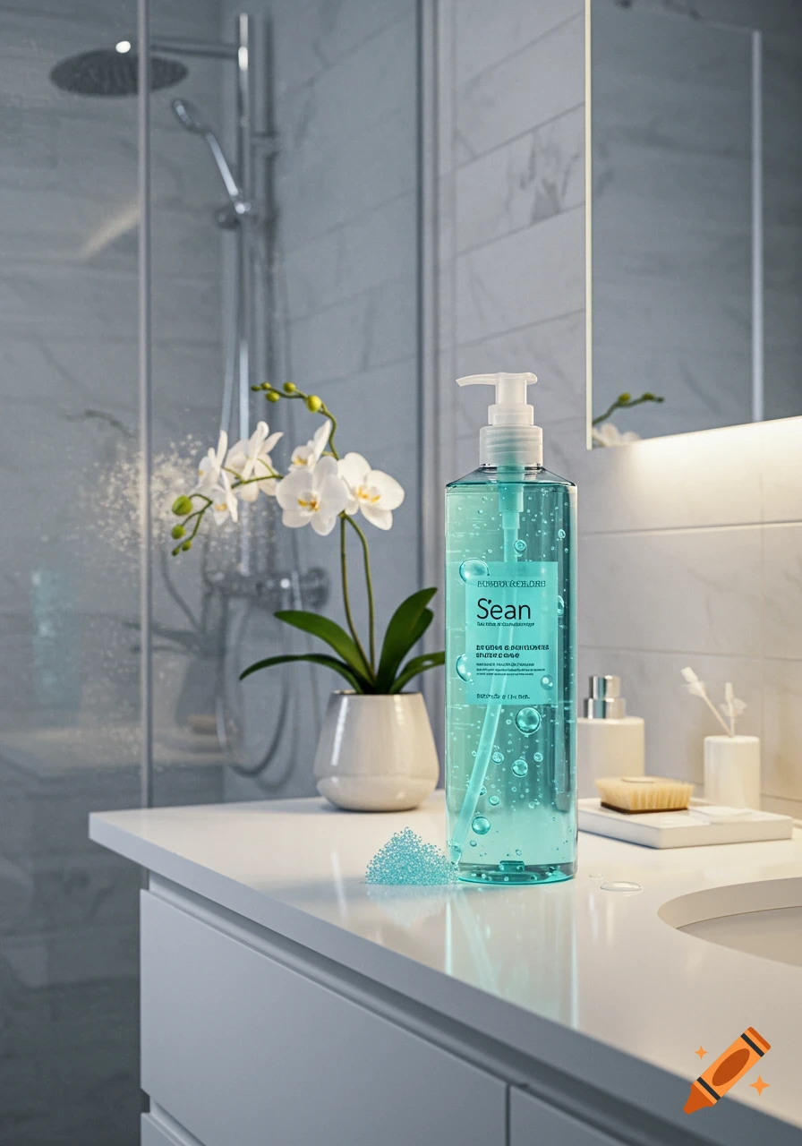 A turquoise cleanser bottle with a white pump sits on a white bathroom counter next to a white orchid plant, with a shower and marble walls in the background. Photorealistic style.