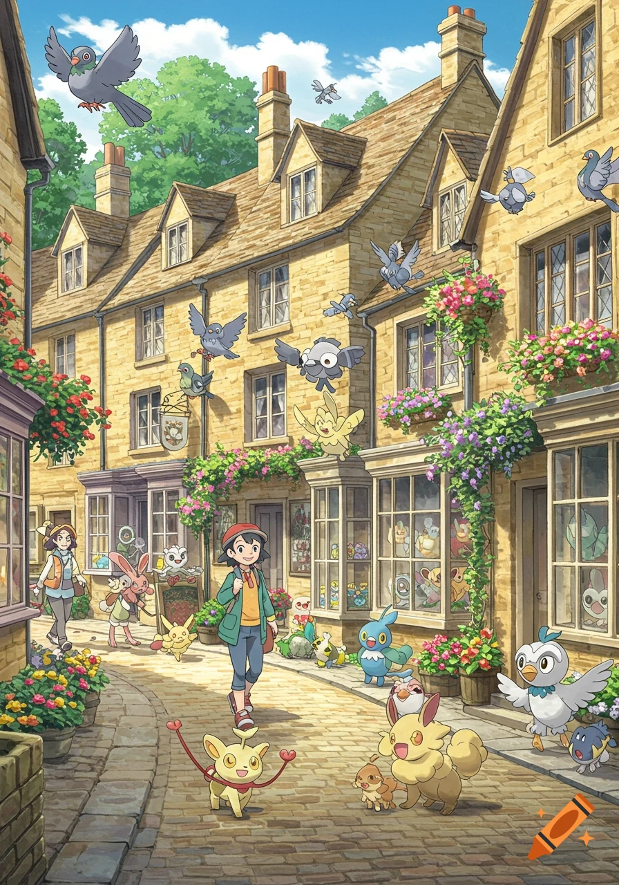 Anime illustration of people and various Pok 00e9mon on a charming street lined with buildings and flowers.