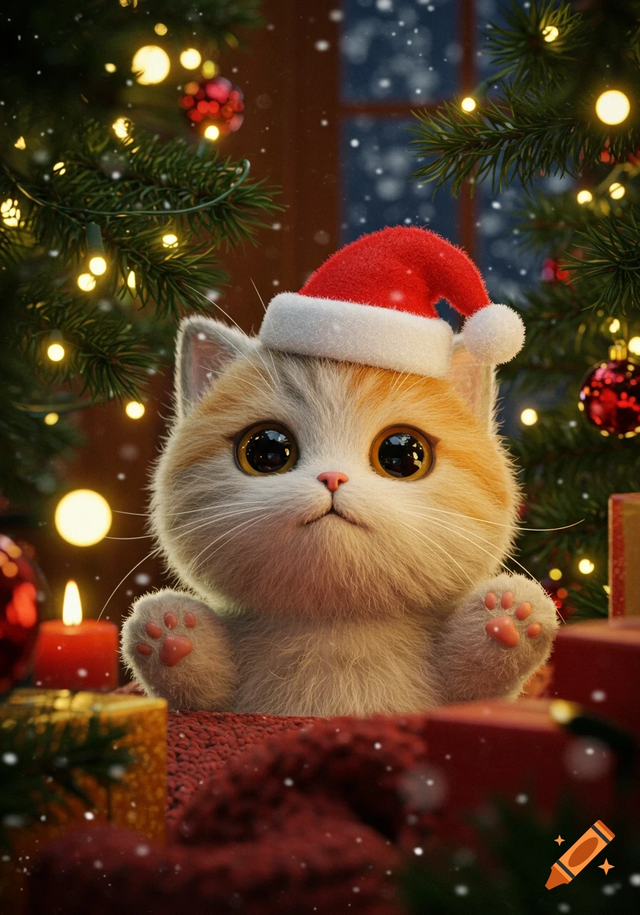 A cute 3D fluffy orange and white kitten in a Santa hat peers out from snowy Christmas tree branches with twinkling lights.
