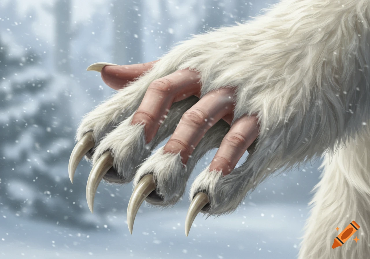 Close-up of a white furry hand with long, sharp claws in a snowy forest, photorealistic style.