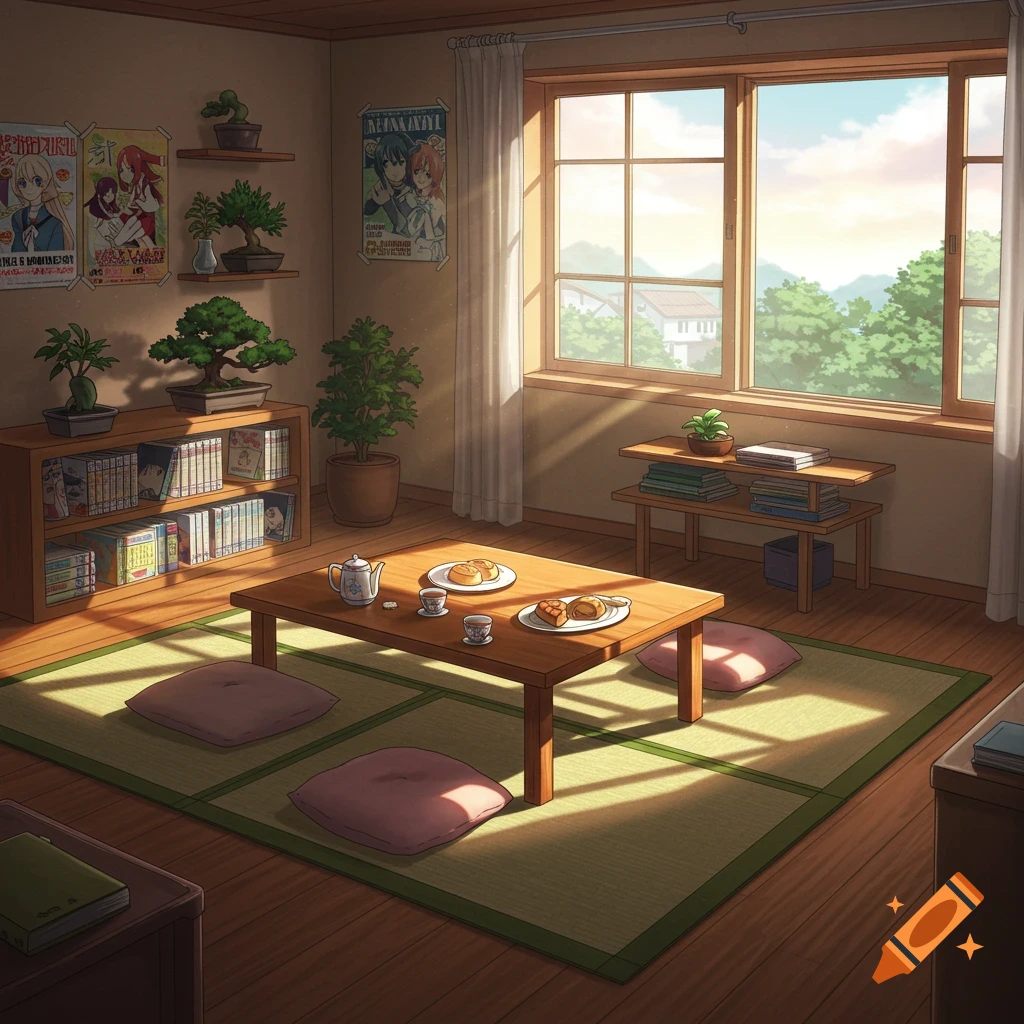 An anime-style room interior with a low wooden table and cushions on tatami mats, bathed in sunlight from a large window overlooking trees and a house. Bookshelves with books line one wall, adorned with plants and posters.