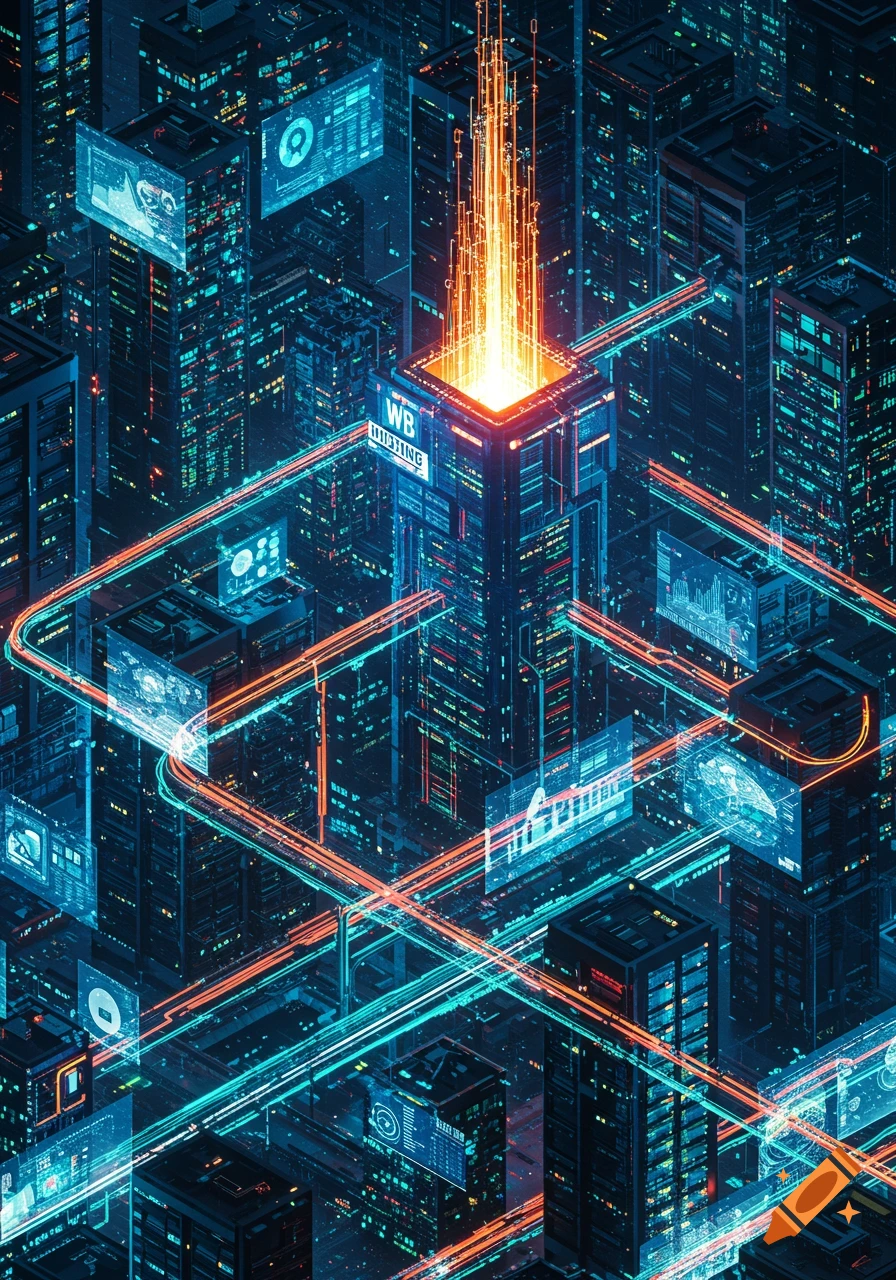 Isometric futuristic city with glowing buildings, data screens, and orange energy beams signifying web hosting.