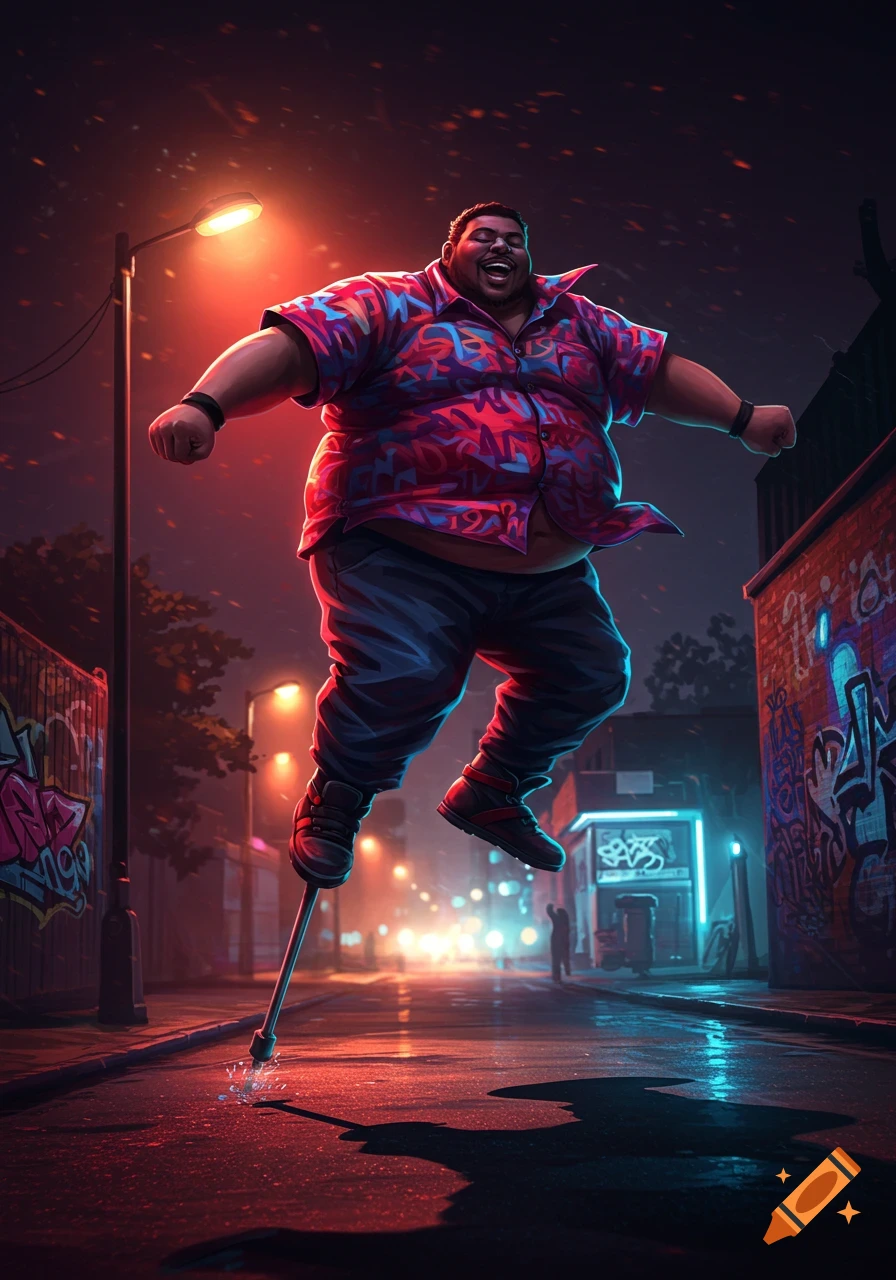 A large, happy man in a colorful shirt jumps on a pogo stick down a neon-lit, graffiti-covered city street at night, digital art.