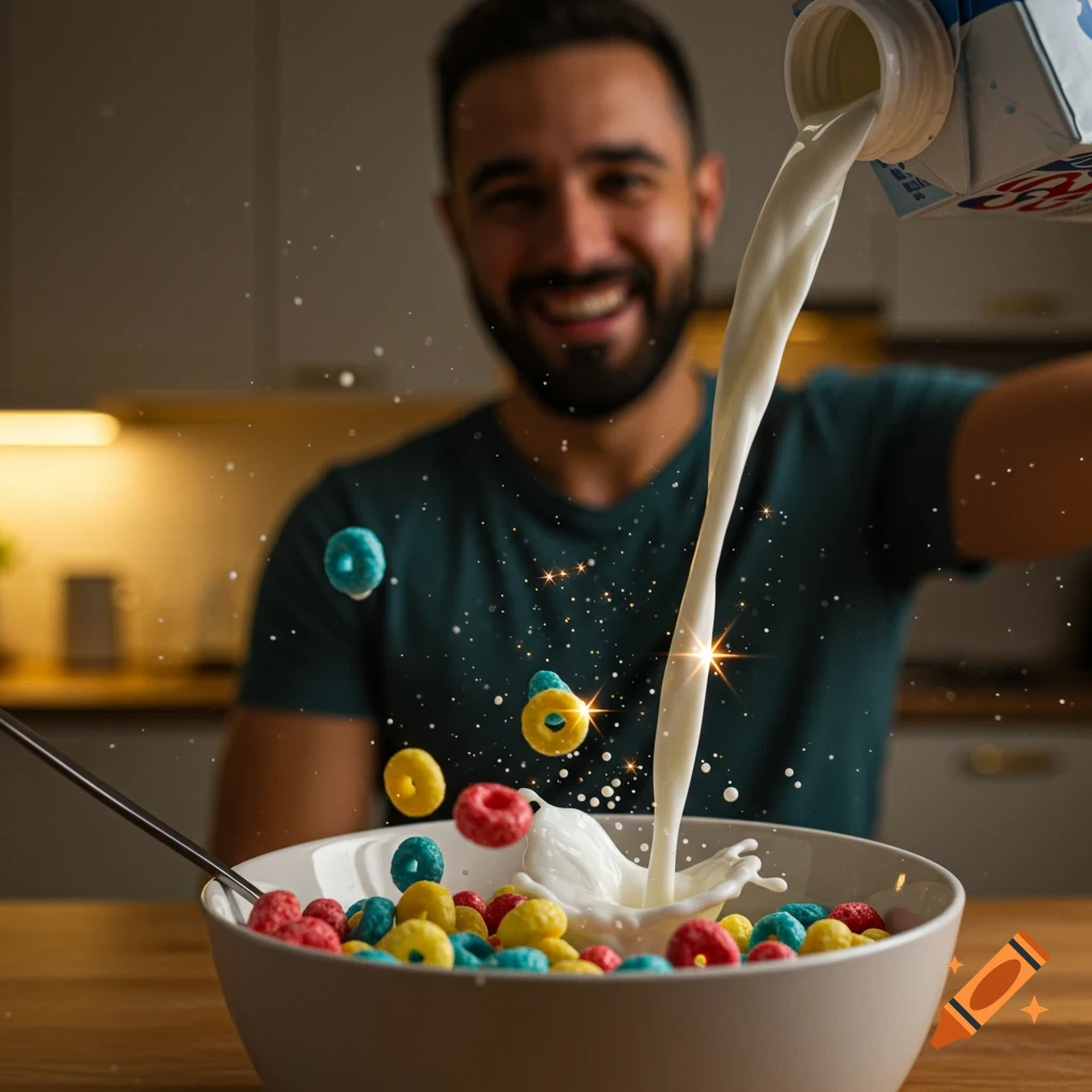 A smiling man in the background pours sparkly milk into a bowl of colorful cereal.