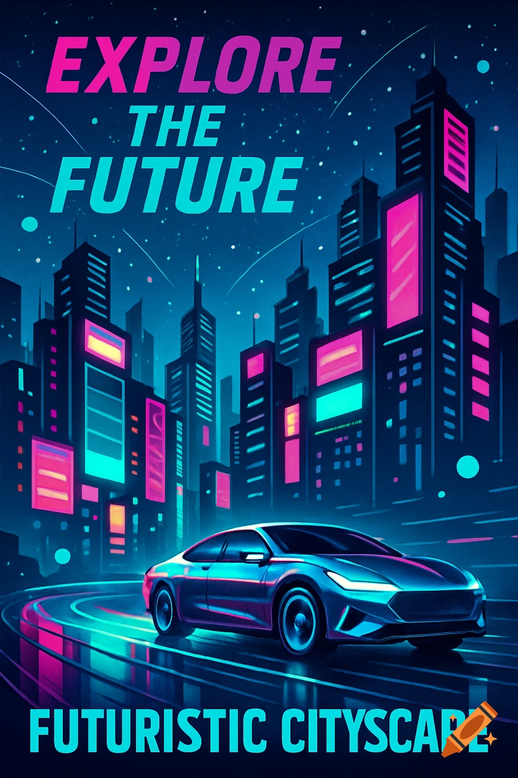 Vibrant synthwave poster of a sleek blue car on a neon road in a futuristic cityscape at night with text "EXPLORE THE FUTURE".