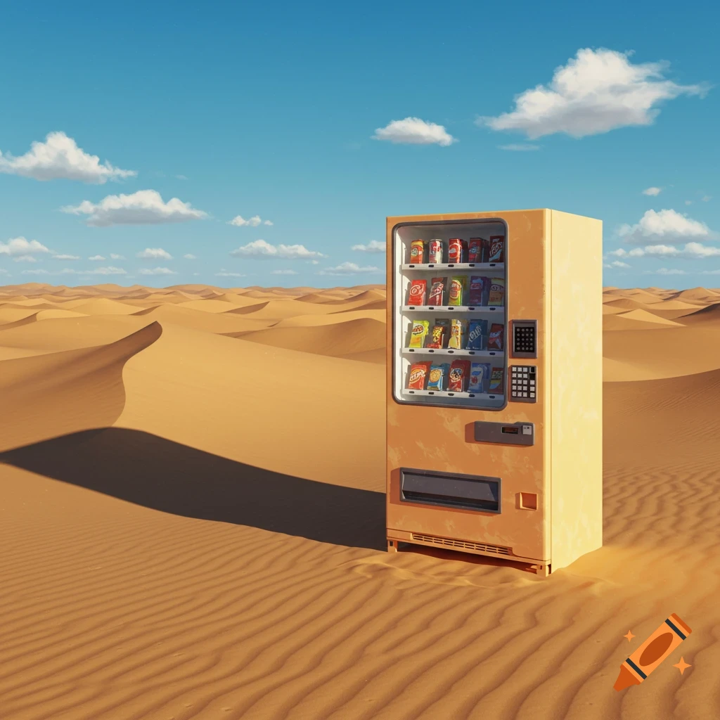 A fully stocked orange vending machine stands alone in the middle of a vast, sunny desert with rippling sand dunes under a blue sky.