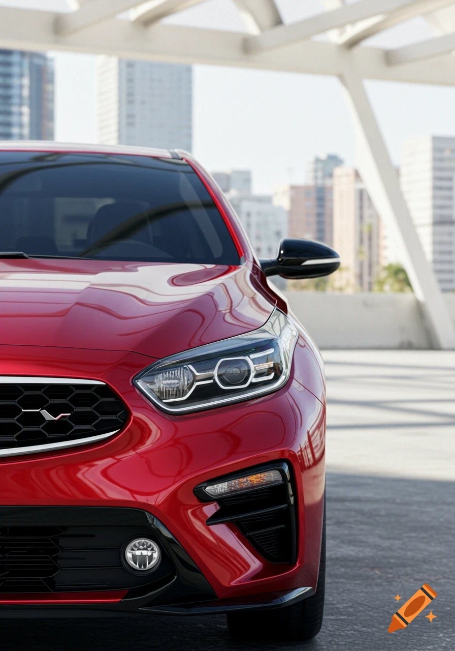Close-up front view of a shiny red Kia Forte on an urban rooftop parking lot with buildings in the background.