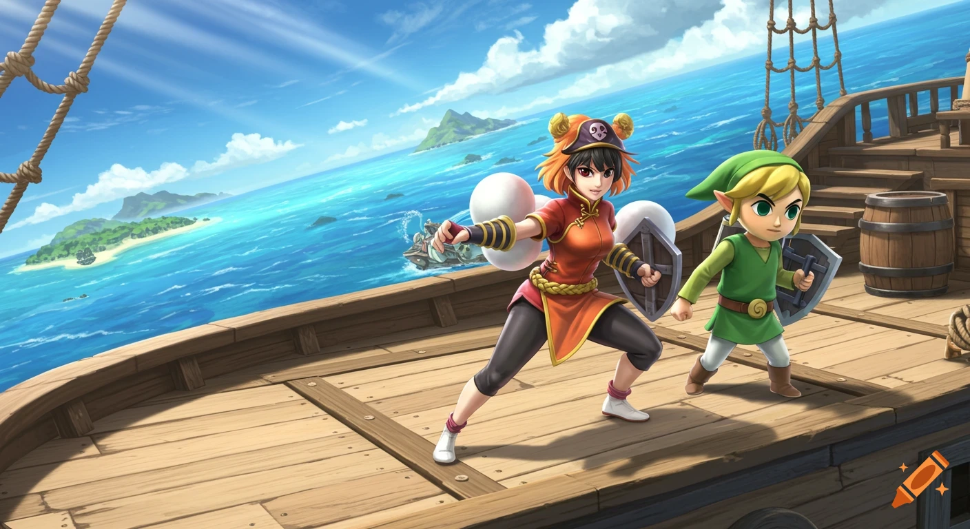 Anime characters Min Min and Toon Link stand ready on a wooden pirate ship deck at sea, with islands in the background.