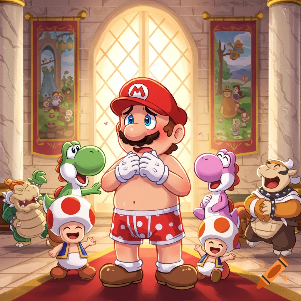 Cartoon Mario, embarrassed in red polka-dot boxer shorts, stands in a castle while Yoshi, Toad, and others laugh at him.