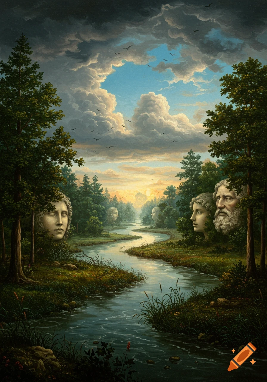 A surreal oil painting of a winding river through a lush forest, with giant classical stone faces emerging from the foliage under a dramatic sky.