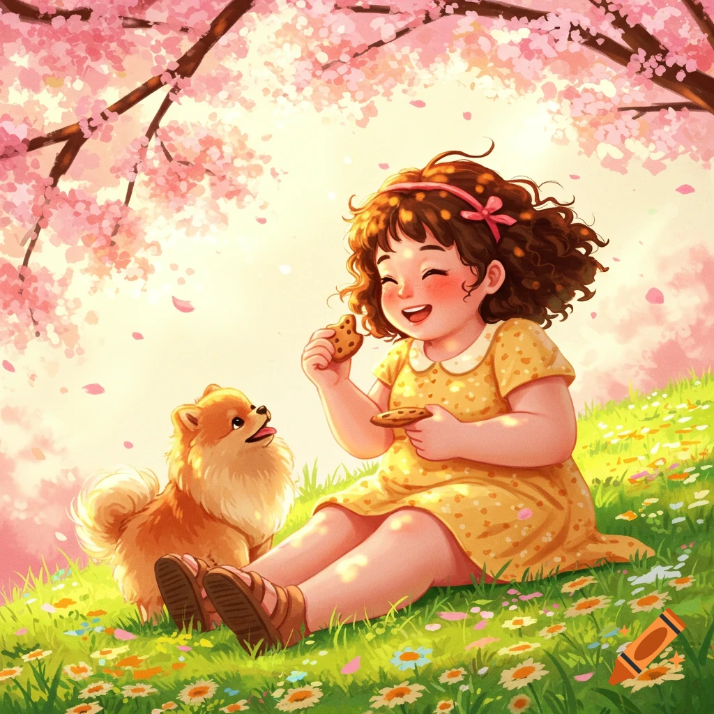 A smiling cartoon girl in a yellow dress sits on a grassy hill under cherry blossoms, holding cookies with a fluffy Pomeranian dog looking up at her.
