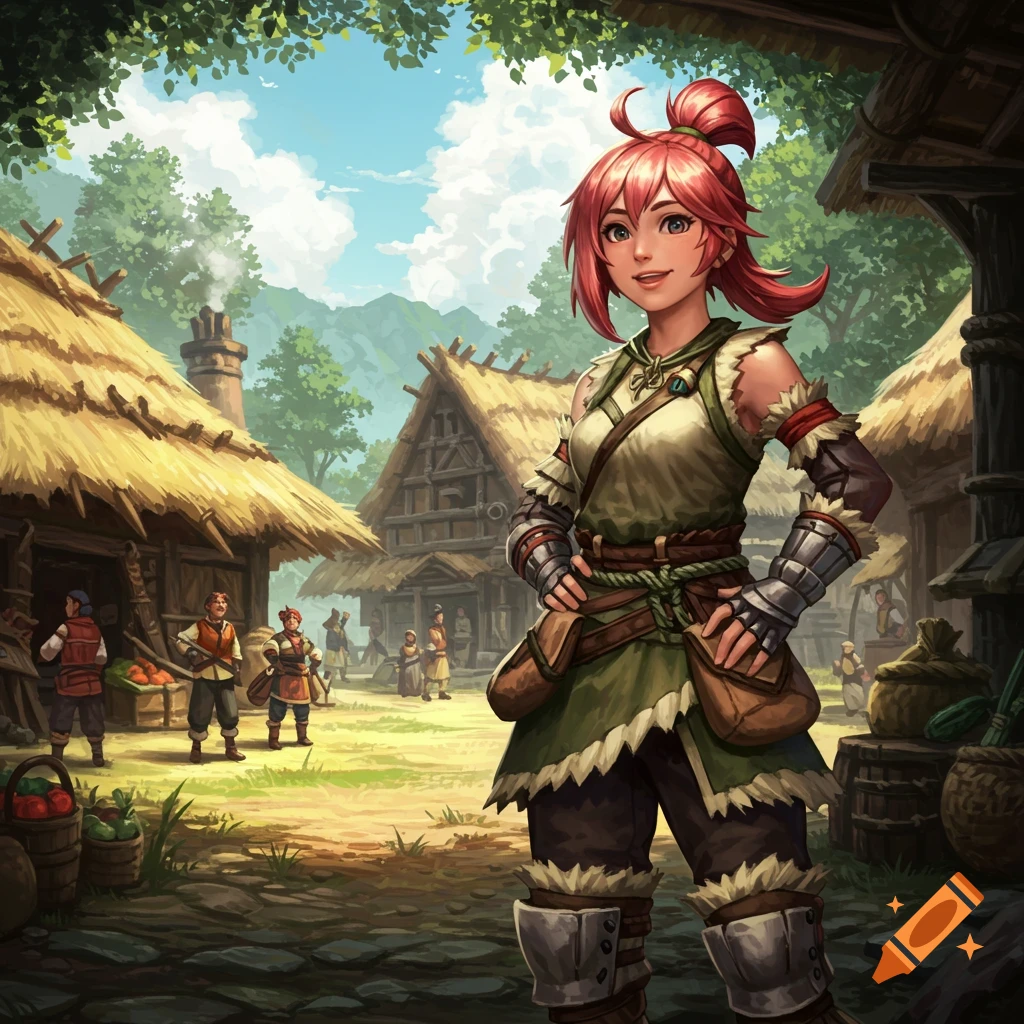 A smiling red-haired woman in adventurer gear stands in a bustling fantasy village with thatched-roof houses.