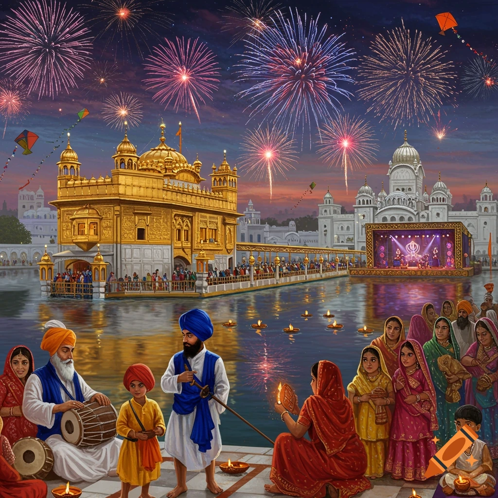 Vibrant illustration of the Golden Temple at night during Bandi Chhor Divas, with fireworks exploding overhead and people celebrating by the water.