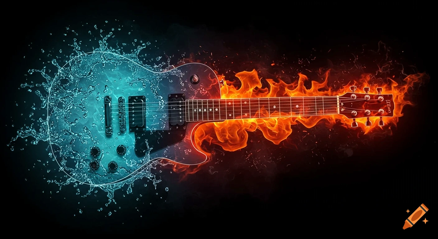 An electric guitar split down the middle, half covered in splashing blue water and half engulfed in orange flames against a black background.
