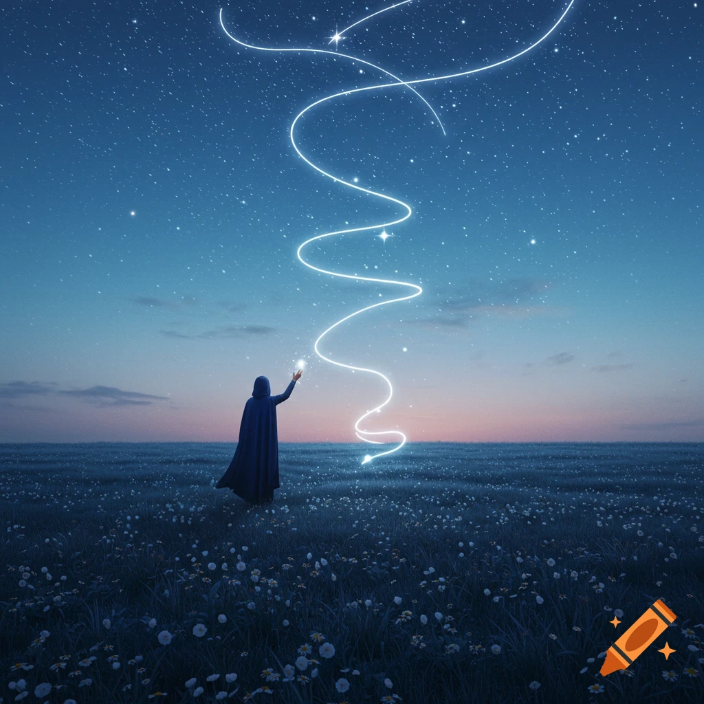 A robed figure stands in a field of flowers at twilight, creating a swirling trail of glowing light that ascends into the starry sky.