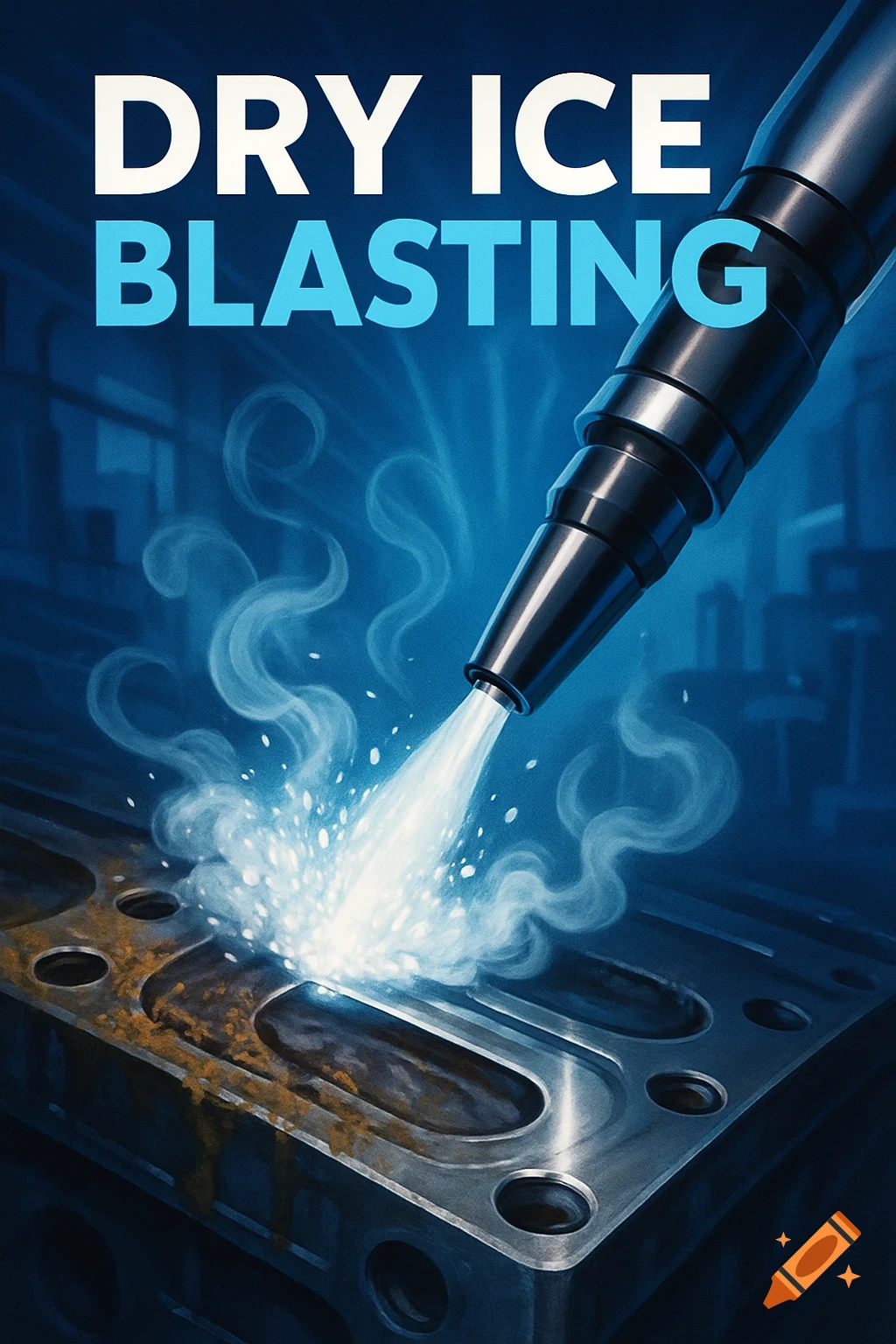 Illustration of a dry ice blasting nozzle cleaning a metal engine block. 'DRY ICE BLASTING' text against a blue background.