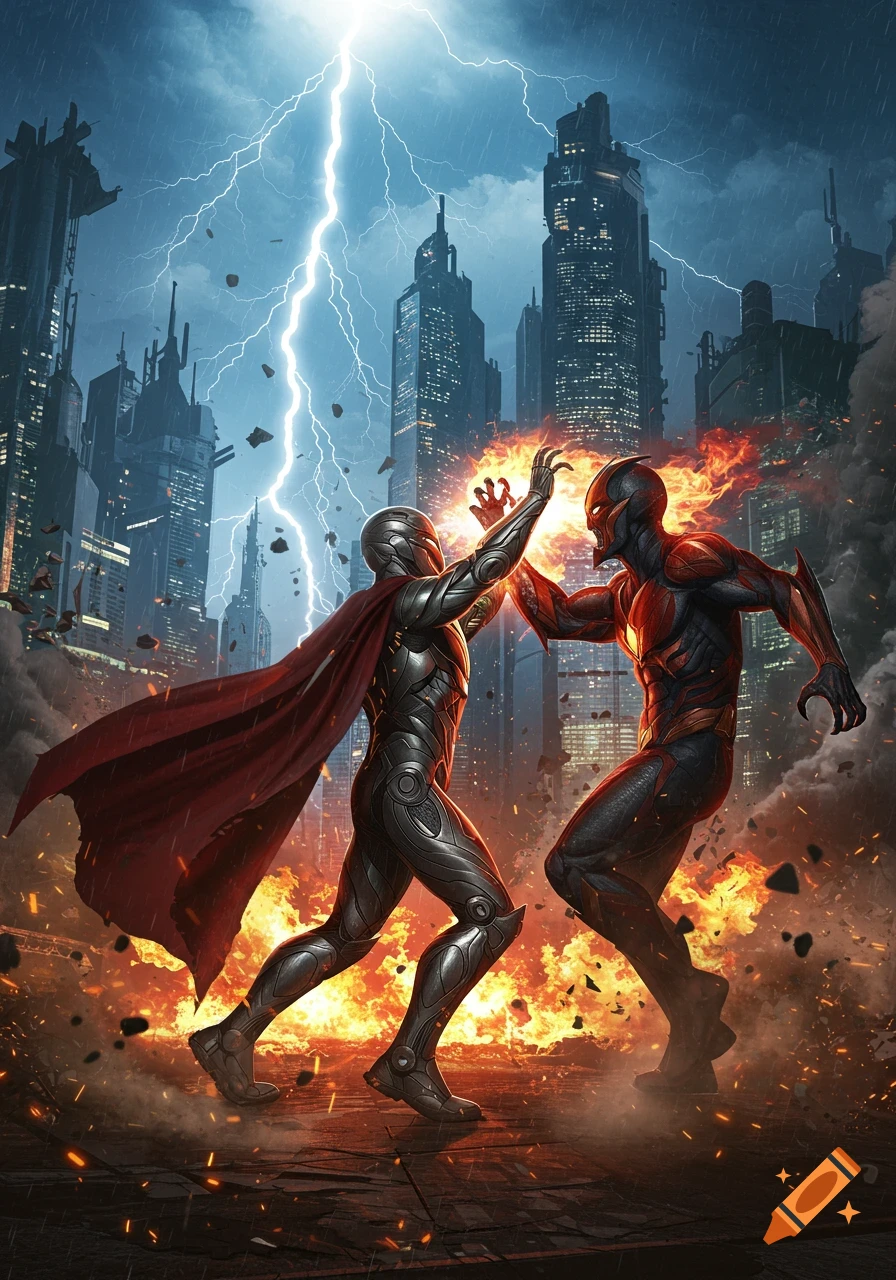 Two armored superheroes battle in a futuristic city under a lightning storm, surrounded by fire and debris.