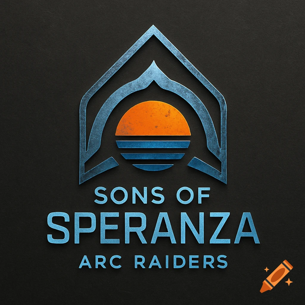 A metallic blue and orange logo on a dark background, featuring an emblem with an abstract sun and waves, and the text 'SONS OF SPERANZA ARC RAIDERS'.