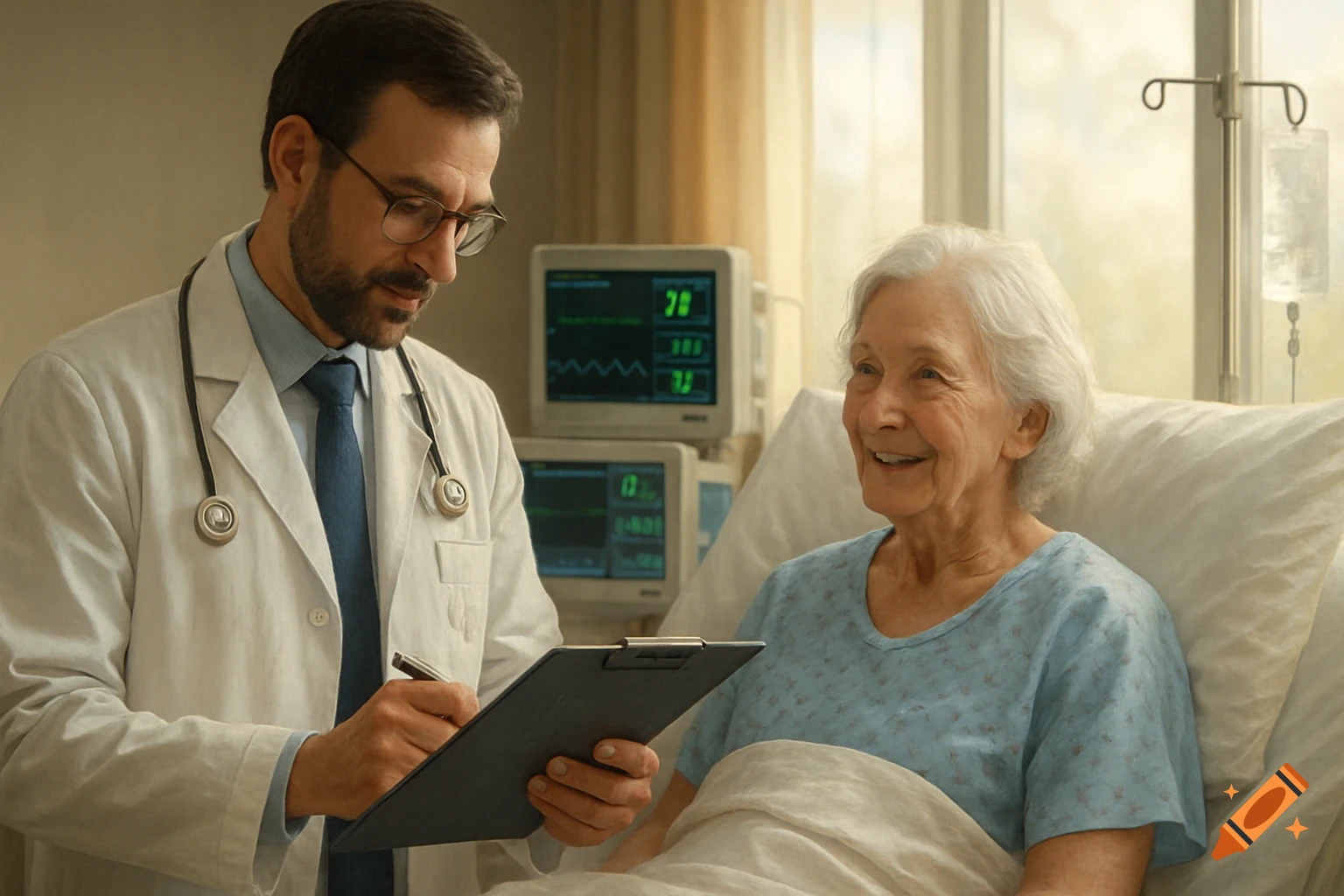 A doctor in a white coat reviews a chart next to an elderly patient smiling in a hospital bed with medical monitors.