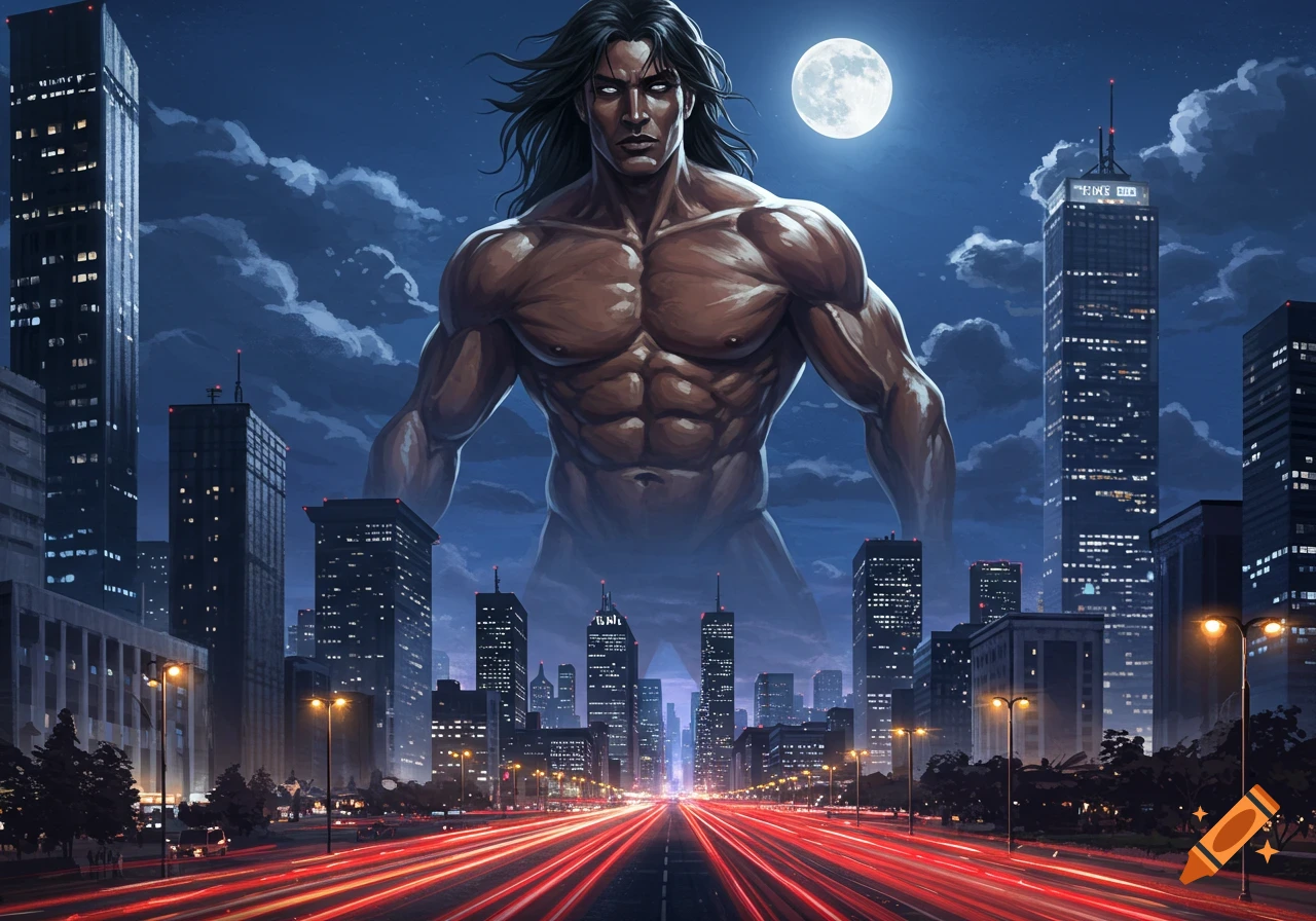 A giant, muscular, shirtless man with long dark hair stands over a city at night, under a full moon, with red light trails on the highway.