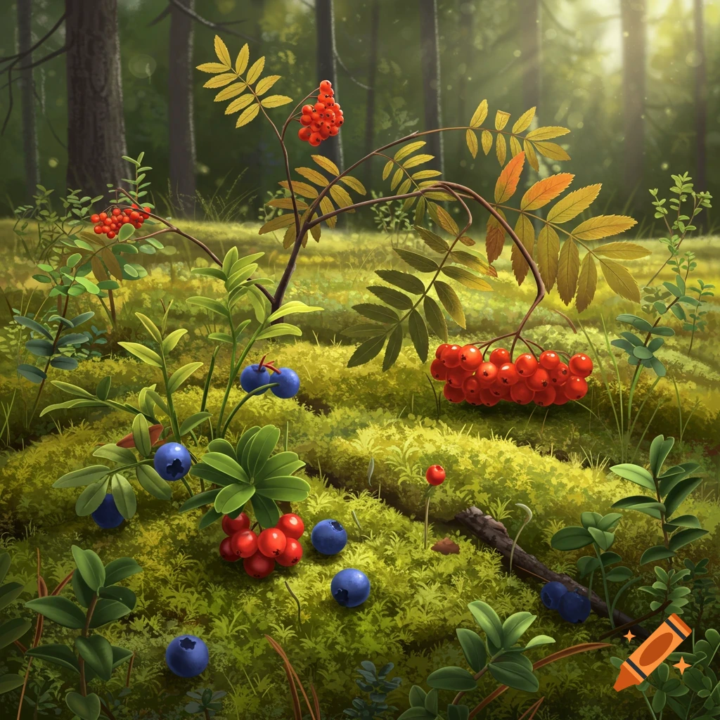 Vibrant illustration of a moss-covered forest floor with blueberry bushes and red berries on various plants.