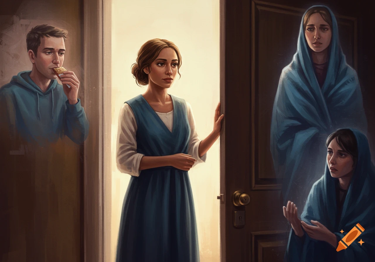 A soft, painterly illustration of a woman standing in a sunlit doorway, flanked by a man eating and two ethereal women.