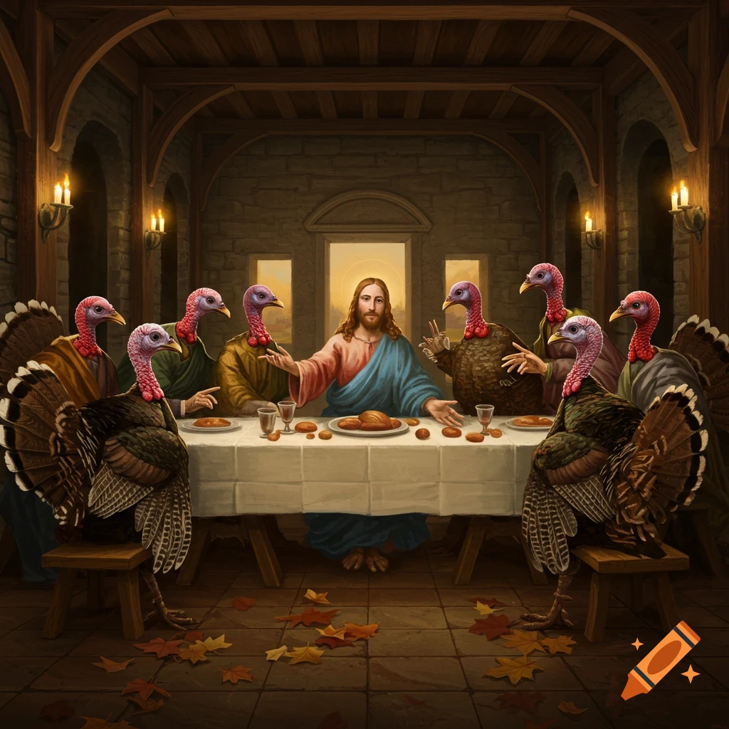 Jesus sits at a long table with disciples who are turkeys, in a parody of The Last Supper, surrounded by autumn leaves.