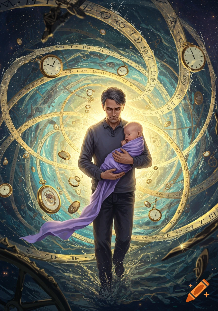 A man in dark clothes holds a baby wrapped in purple cloth, surrounded by swirling golden rings with clocks and symbols, against a starry, cosmic background.