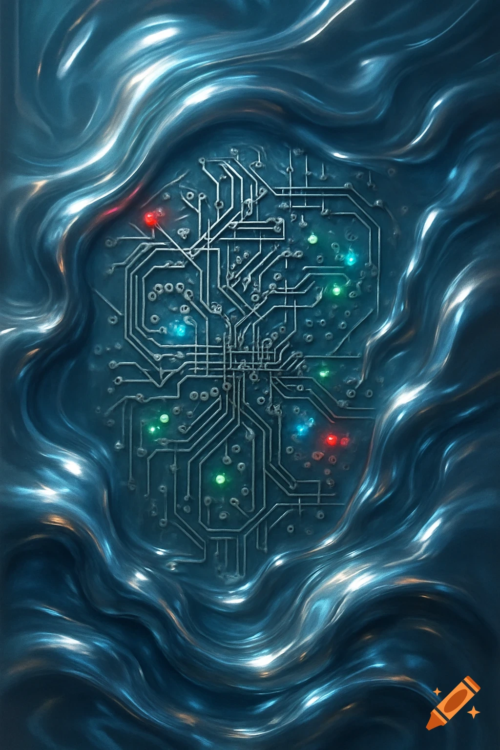 Abstract, stylized electronic circuit board with glowing LEDs embedded in swirling blue-grey metallic liquid.