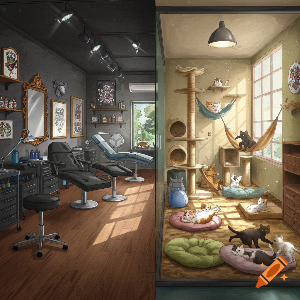 An illustration split down the middle showing a modern tattoo parlor with equipment on the left and a cozy cat adoption center with many cats playing and resting on the right, separated by a glass wall.
