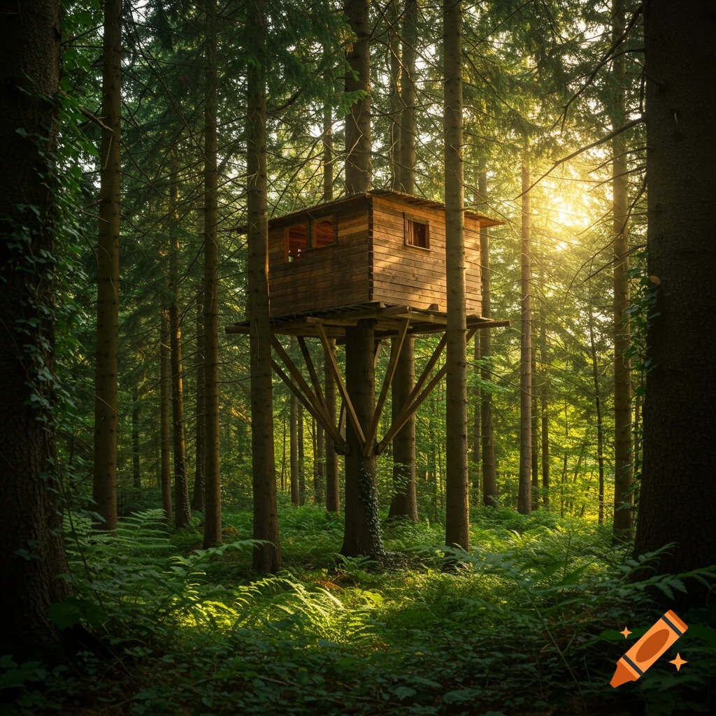 A rustic wooden treehouse stands high among tall, green trees in a sun-dappled, dense forest.