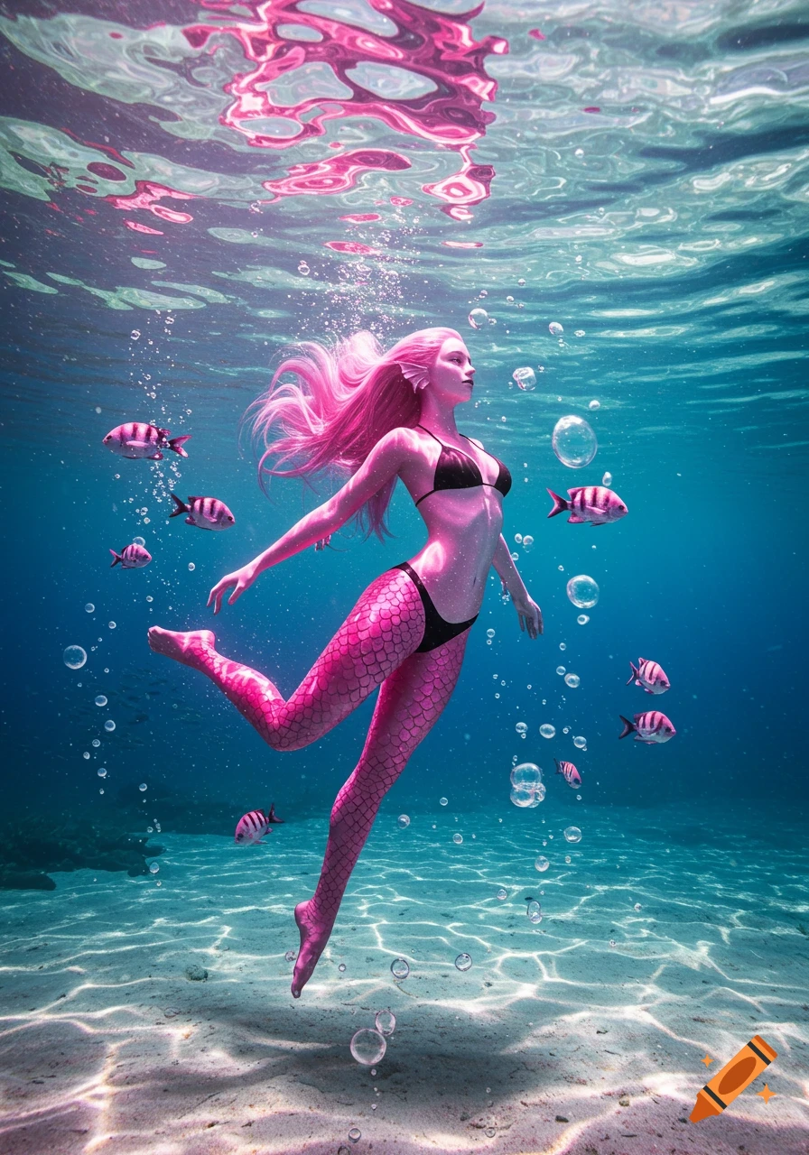 A pink-haired, scaled woman in a bikini swims gracefully underwater surrounded by small fish.