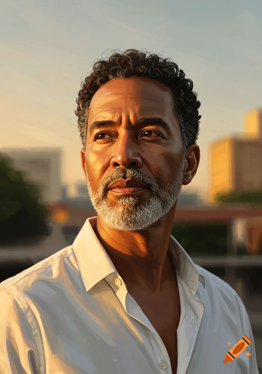 A painted portrait of a Latino man with curly hair and a salt and pepper beard, looking thoughtful in warm sunset light.