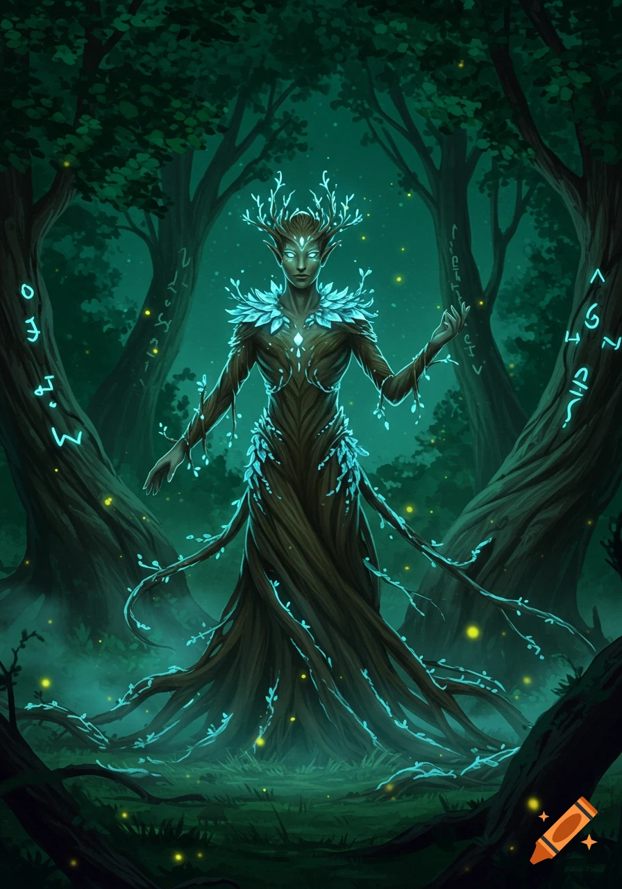 A dryad, a tree-like woman with glowing eyes and antlers, stands in a dark, mystical forest with glowing runes on trees and fireflies.