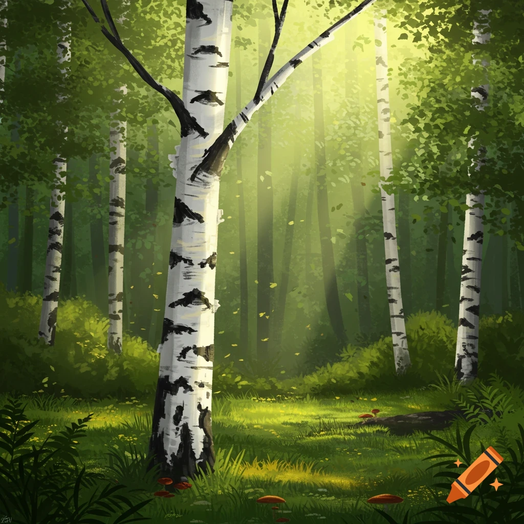 Painterly illustration of a sunlit birch forest with green undergrowth and scattered mushrooms.