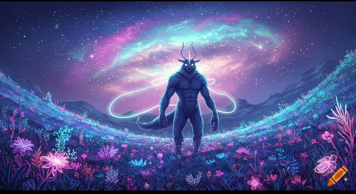 A muscular, dark blue, furry horned creature with glowing eyes stands in a field of neon flowers under a starry, colorful galaxy sky.