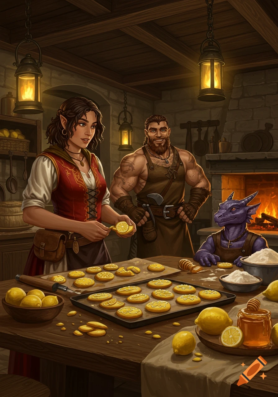 An elf woman, muscular man, and kobold make lemon cookies in a rustic fantasy kitchen. Detailed illustration.