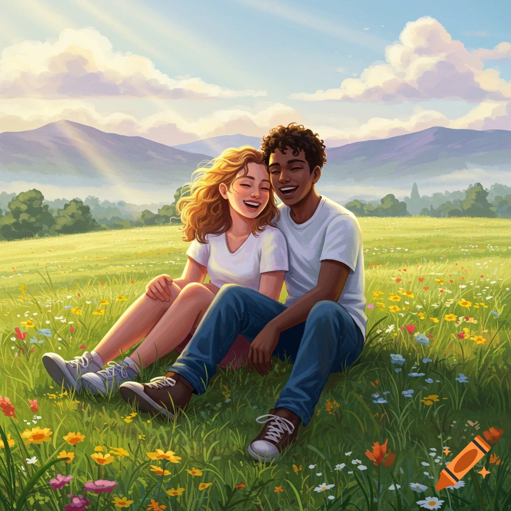 An illustration of a happy couple sitting in a sunny field of wildflowers with mountains in the background.