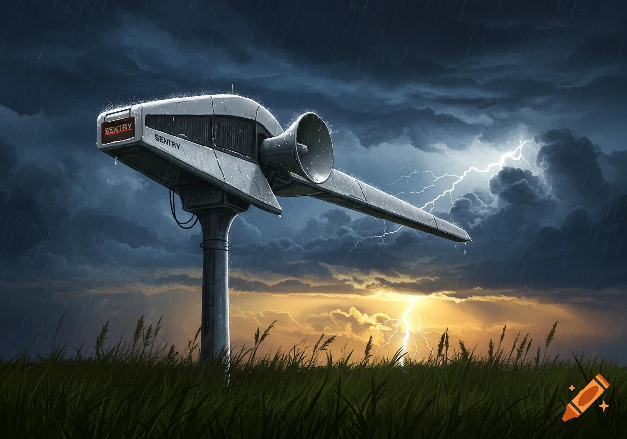 A futuristic Sentry warning siren on a pole in a grassy field during a thunderstorm with lightning and rain.