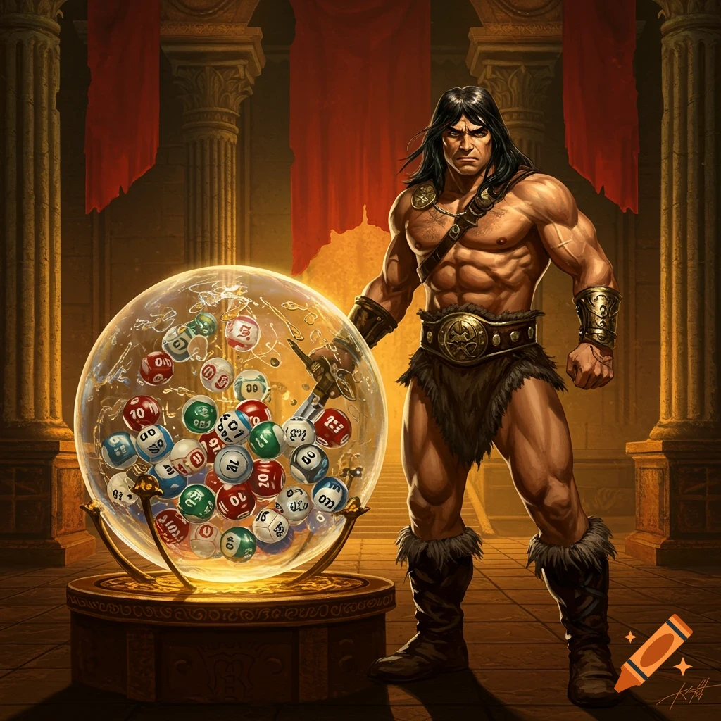 A muscular barbarian, resembling Conan, stands next to a glowing lottery sphere filled with numbered balls in a grand, ancient hall.
