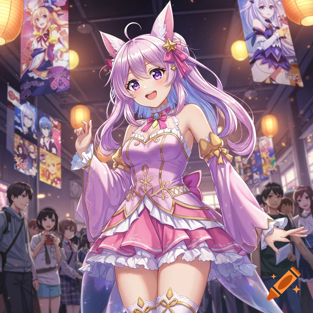 An anime girl with long pink and purple hair, cat ears, and a frilly pink dress poses at a vibrant indoor festival or convention.