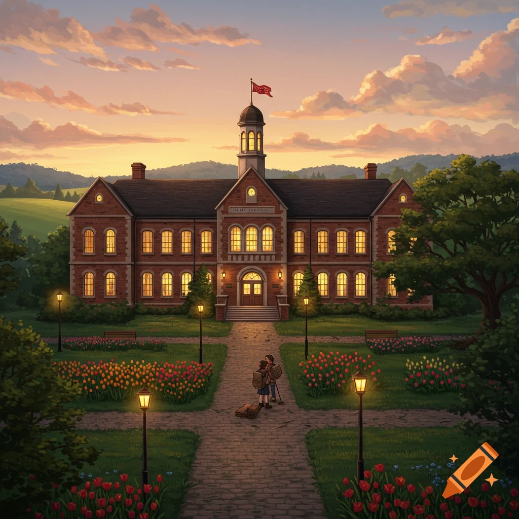 A large brick school building with a clock tower and a red flag under a warm sunset sky, surrounded by gardens and a path where two students stand.